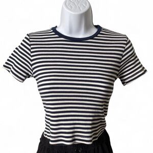 Brandy Melville White & Navy Striped Cropped Tee